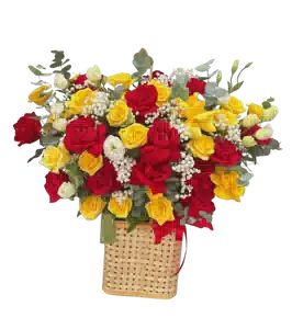 Giỏ Hoa Hồng Đỏ Vàng phối Hoa Ly Vàng