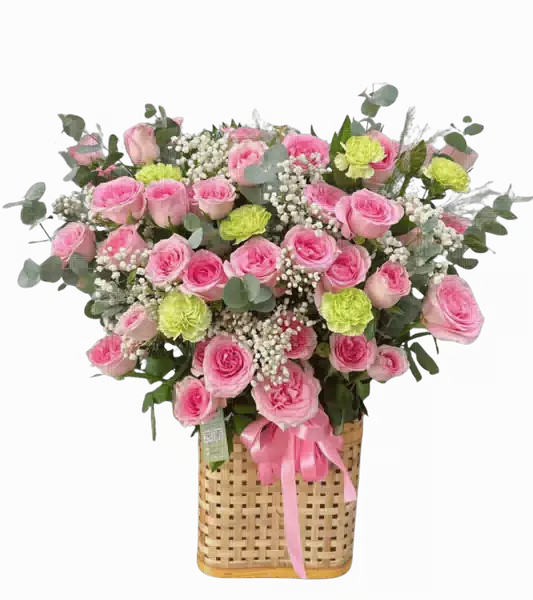 Giỏ Hoa Hồng Phấn phối Cẩm Chướng Hồng Xanh