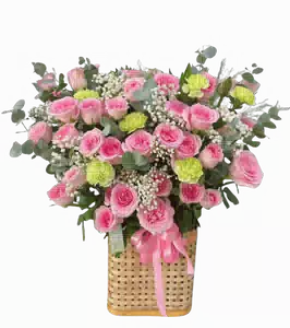 Giỏ Hoa Hồng Phấn phối Cẩm Chướng Hồng Xanh