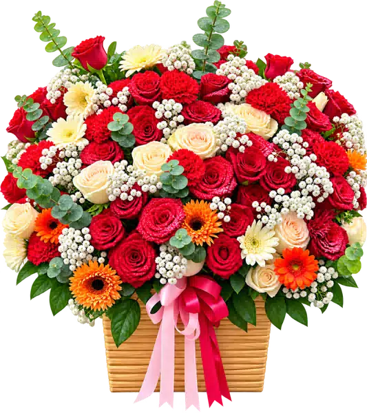 Giỏ Hoa Hồng Phối Cúc Và Hoa Phụ Tông Đỏ - Hồng