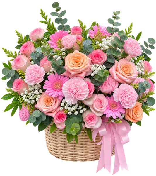 Giỏ Hoa Hồng Phối Cúc Và Hoa Phụ Tông Hồng Pastel