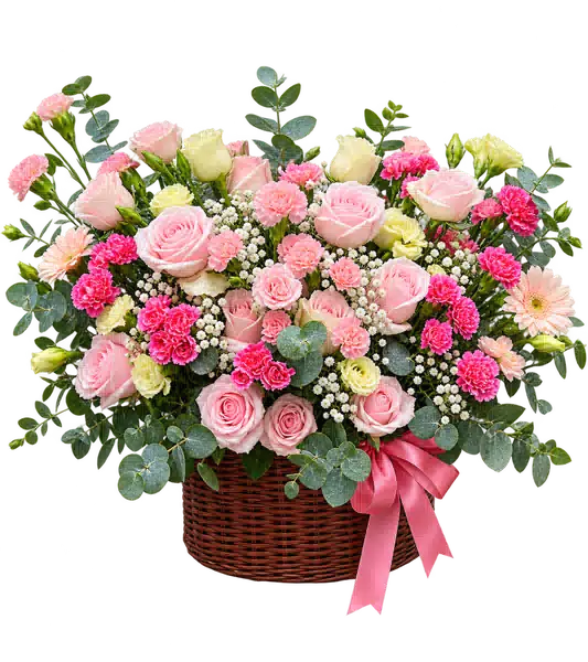 Giỏ Hoa Hồng Phối Cúc Và Hoa Phụ Tông Hồng Pastel