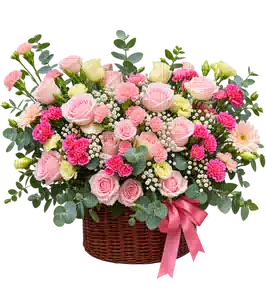 Giỏ Hoa Hồng Phối Cúc Và Hoa Phụ Tông Hồng Pastel