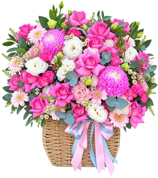 Giỏ Hoa Hồng Phối Cúc Và Hoa Phụ Tông Hồng Pastel