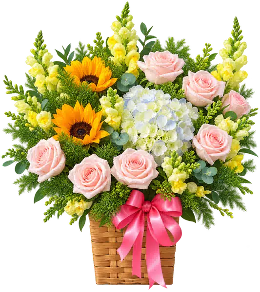 Giỏ Hoa Hồng Phối Hướng Dương Tông Hồng Pastel