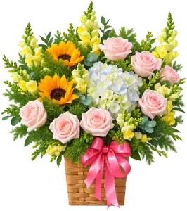Giỏ Hoa Hồng Phối Hướng Dương Tông Hồng Pastel