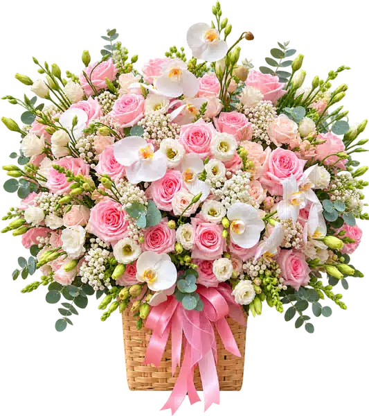 Giỏ Hoa Hồng Phối Lan Tông Hồng Pastel