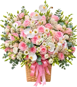 Giỏ Hoa Hồng Phối Lan Tông Hồng Pastel
