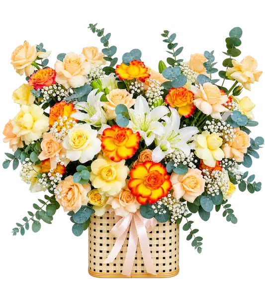 Giỏ Hoa Hồng Phối Lily Tông Vàng - Cam