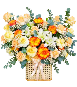 Giỏ Hoa Hồng Phối Lily Tông Vàng - Cam