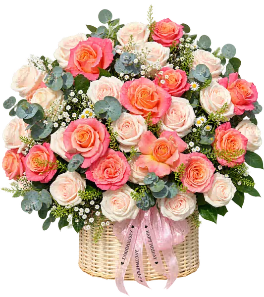 Giỏ Hoa Hồng Tông Hồng Pastel