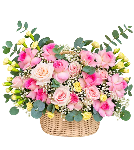 Giỏ Hoa Hồng Tông Hồng Pastel