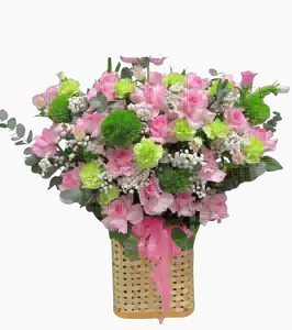 Giỏ Hoa Hồng và Cát Tường Hồng Phấn phối Cúc Xanh
