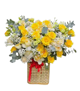 Giỏ Hoa Hồng Vàng phối Hồng Kem Trắng