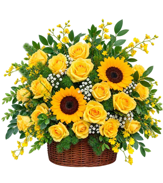 Giỏ Hoa Hướng Dương Và Hoa Hồng Tông Vàng Cam
