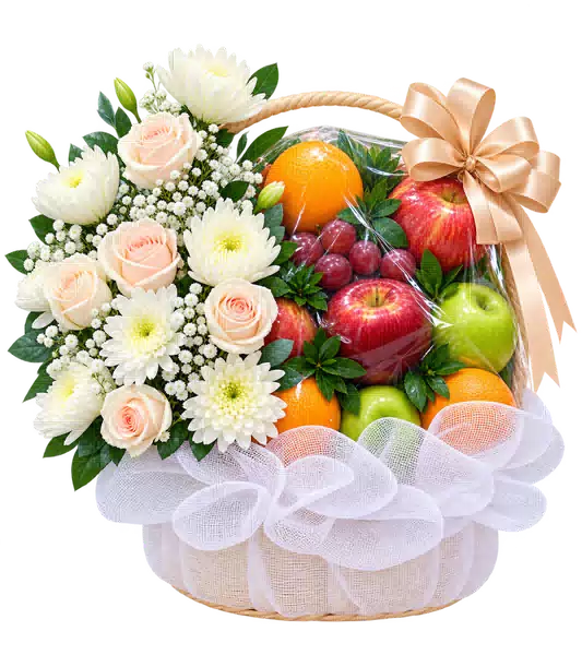 Giỏ Nho Đỏ Phối Hoa Trắng Kem