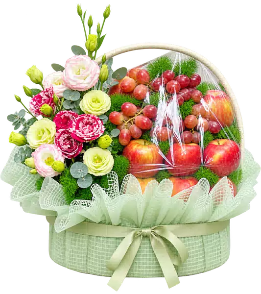 Giỏ Nho Đỏ Táo Đỏ Phối Hoa Hồng