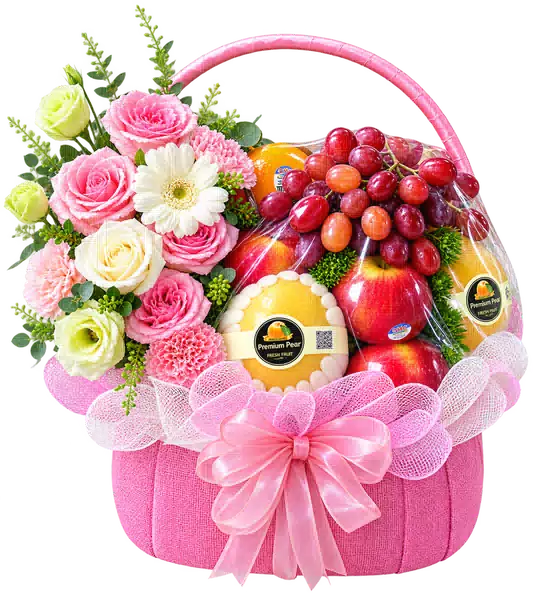 Giỏ Nho Đỏ Táo Đỏ Phối Hoa Hồng