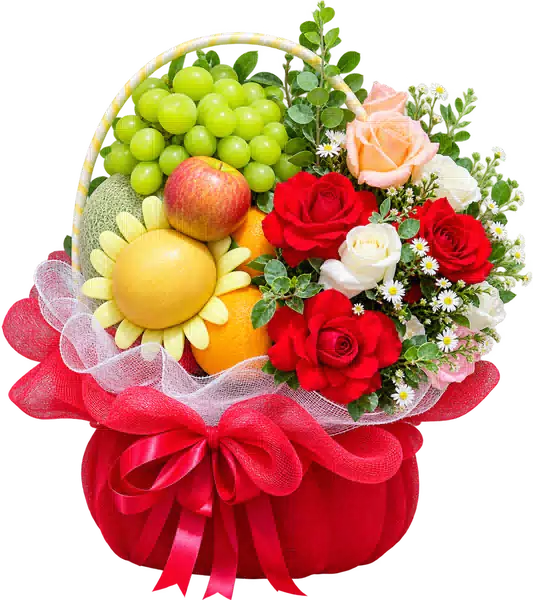 Giỏ Nho Xanh Phối Hoa Hồng Đỏ