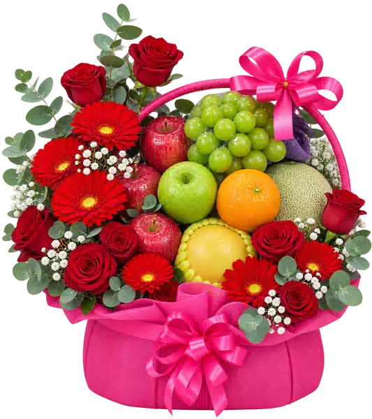 Giỏ Nho Xanh Phối Hoa Hồng Đỏ