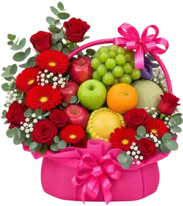 Giỏ Nho Xanh Phối Hoa Hồng Đỏ