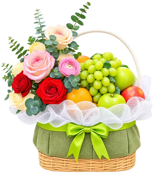 Giỏ Nho Xanh Phối Hoa Hồng Đỏ Hồng