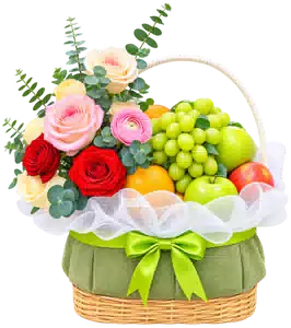 Giỏ Nho Xanh Phối Hoa Hồng Đỏ Hồng