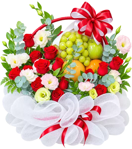 Giỏ Nho Xanh Phối Hoa Hồng Đỏ Trắng