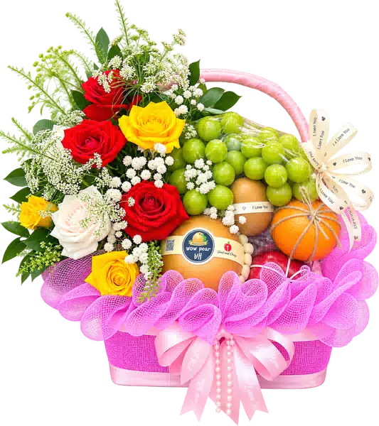 Giỏ Nho Xanh Phối Hoa Hồng Đỏ Vàng