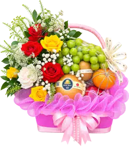 Giỏ Nho Xanh Phối Hoa Hồng Đỏ Vàng