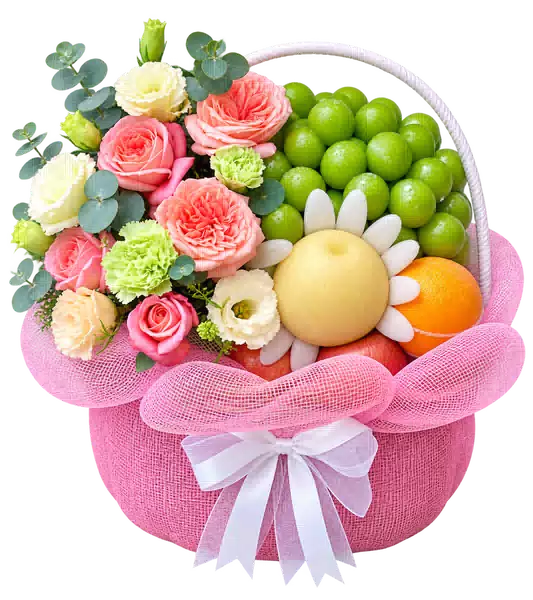 Giỏ Nho Xanh Phối Hoa Hồng Hồng