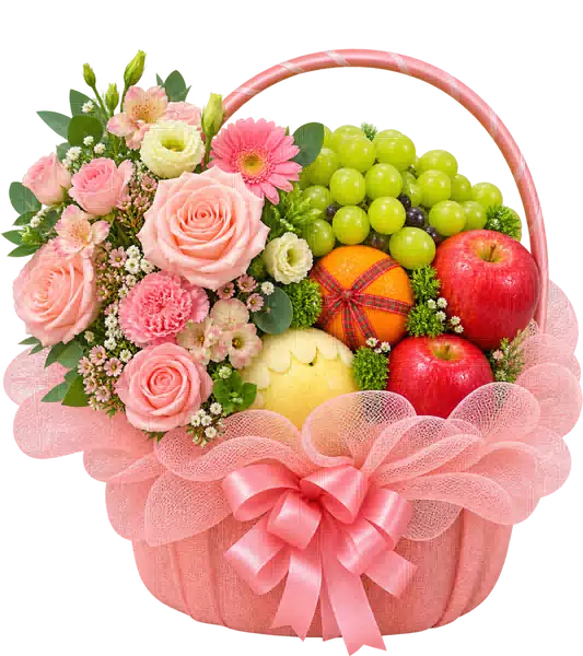 Giỏ Nho Xanh Phối Hoa Hồng Pastel