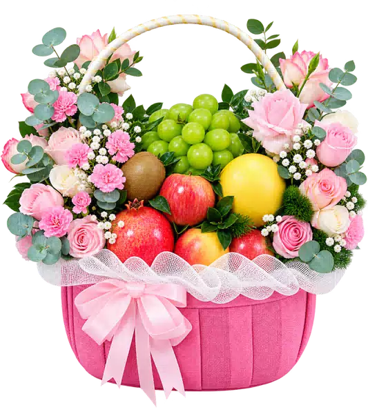 Giỏ Nho Xanh Phối Hoa Hồng Pastel