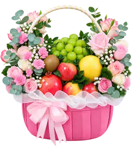 Giỏ Nho Xanh Phối Hoa Hồng Pastel