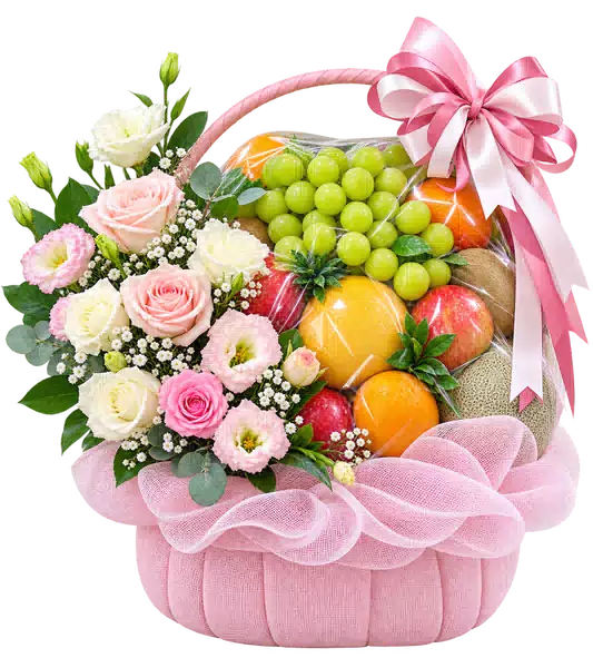 Giỏ Nho Xanh Phối Hoa Hồng Phấn