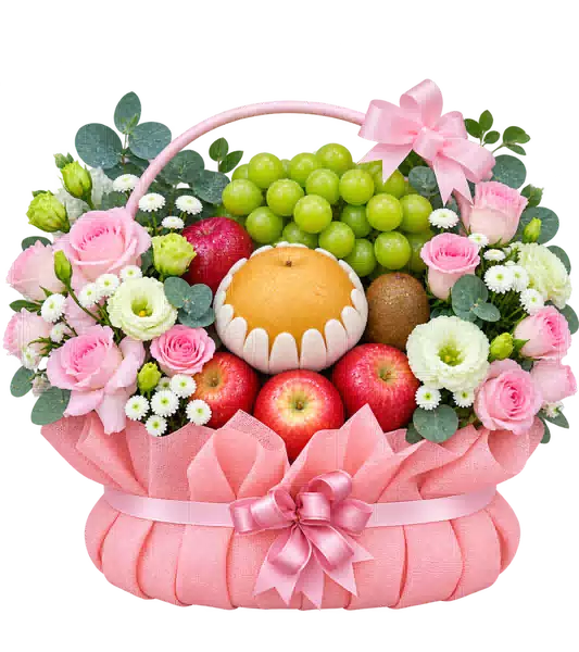 Giỏ Nho Xanh Phối Hoa Hồng Trắng