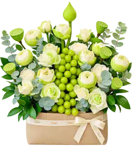 Giỏ Nho Xanh Phối Hoa Hồng Trắng