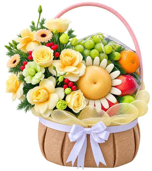 Giỏ Nho Xanh Phối Hoa Hồng Vàng