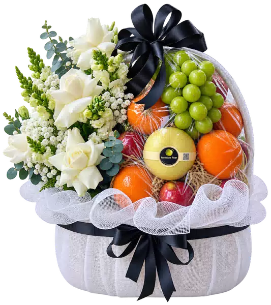 Giỏ Nho Xanh Phối Hoa Trắng Đen