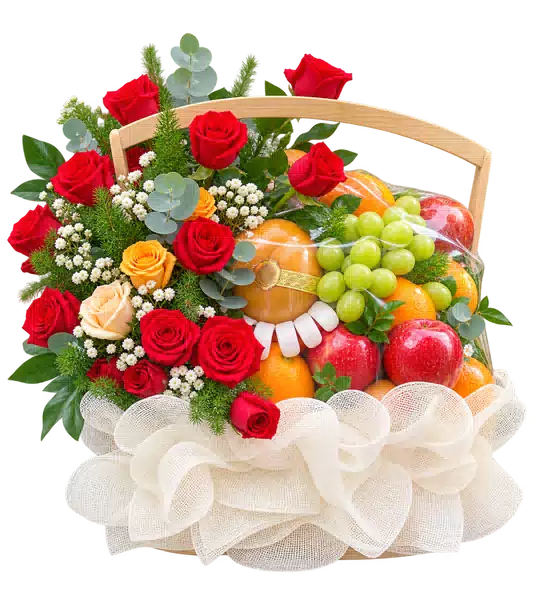 Giỏ Trái Cây Phối Hoa Hồng Đỏ