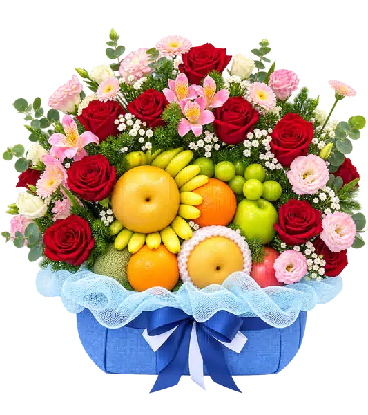 Giỏ Trái Cây Phối Hoa Hồng Đỏ Hồng
