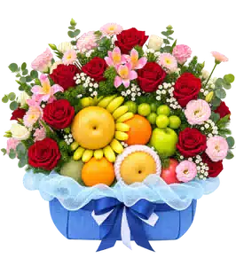 Giỏ Trái Cây Phối Hoa Hồng Đỏ Hồng