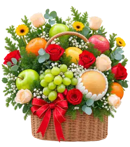 Giỏ Trái Cây Phối Hoa Hồng Đỏ Kem