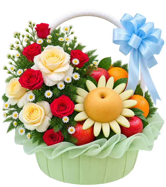 Giỏ Trái Cây Phối Hoa Hồng Đỏ Trắng