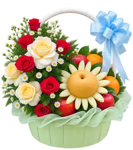 Giỏ Trái Cây Phối Hoa Hồng Đỏ Trắng