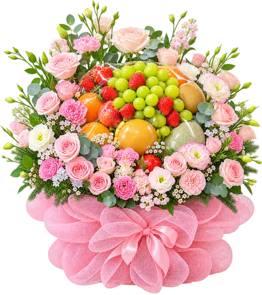 Giỏ Trái Cây Phối Hoa Hồng Hồng