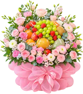 Giỏ Trái Cây Phối Hoa Hồng Hồng
