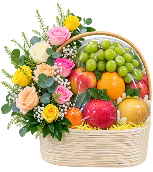 Giỏ Trái Cây Phối Hoa Hồng Pastel