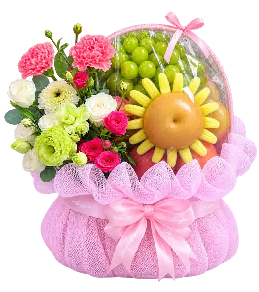 Giỏ Trái Cây Phối Hoa Hồng Xanh Nhạt