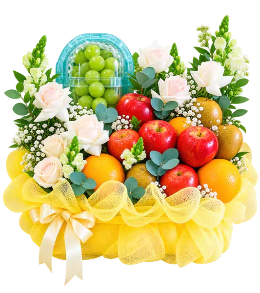 Giỏ Trái Cây Phối Hoa Trắng Hồng